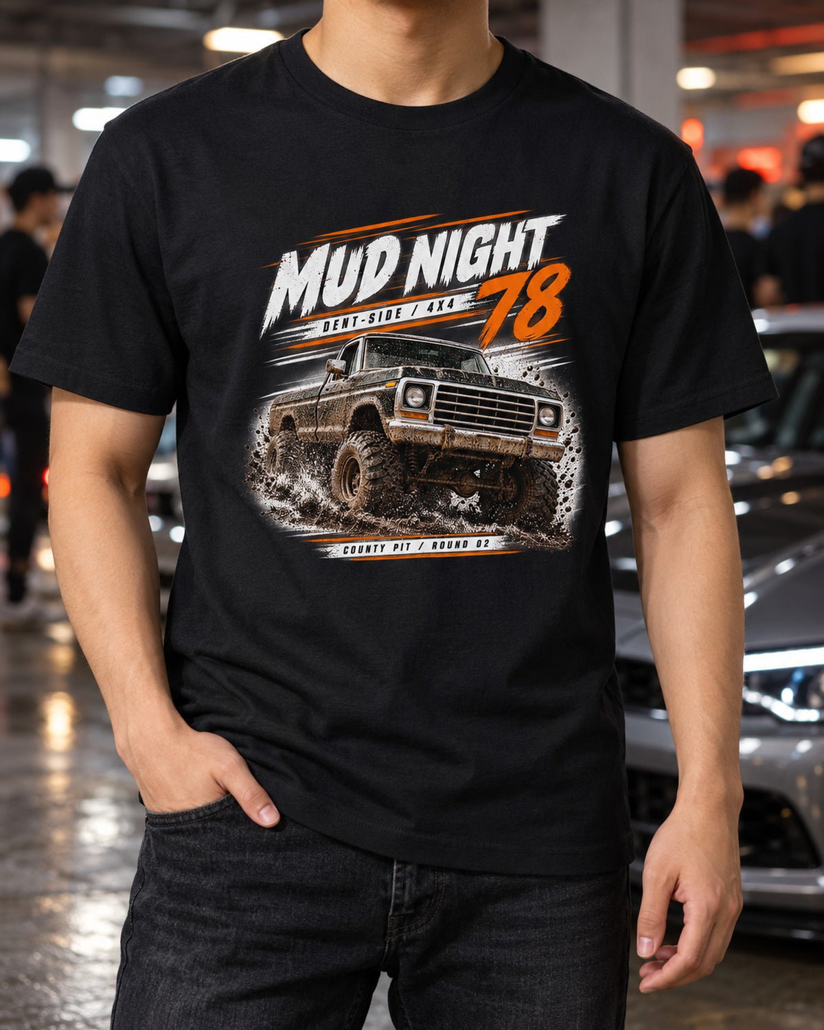 Ford F-150 Dent-Side 1973-79 4x4 Mud Night Race Poster Tee T-Shirt Black worn hero