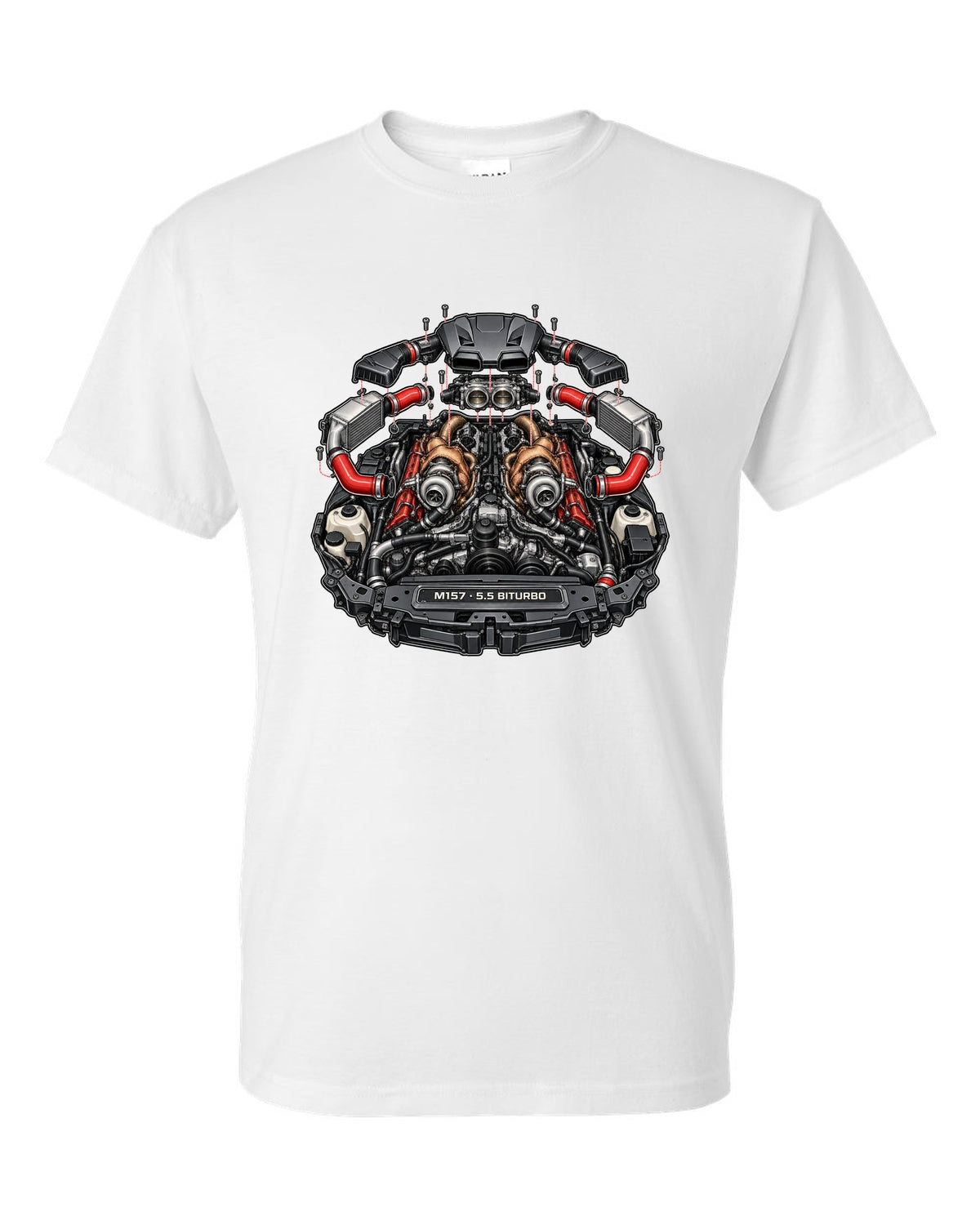 Hand-painted anime mountain road with a Mercedes E63 AMG Wagon S213 drifting white t-shirt front view with the design