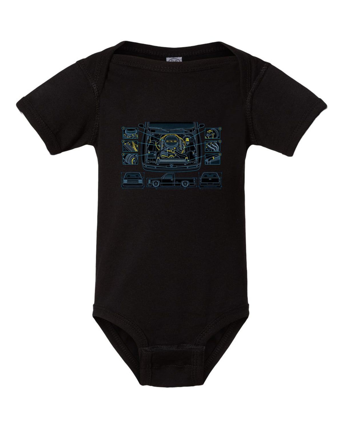 Technical blueprint print of the engine bay on a 1990-93 Chevrolet 454 SS pickup with L19 7.4L 454 text black baby onesie front view with the design