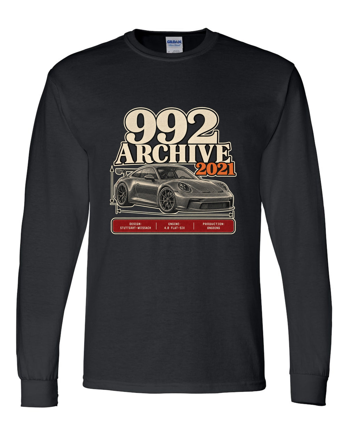 Porsche 992 GT3 archive panel print design black long sleeve front view with the design