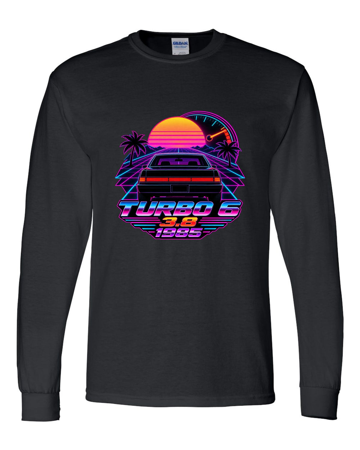 1985 Buick Regal T-Type rear taillights in a synthwave outrun sunset black long sleeve front view with the design