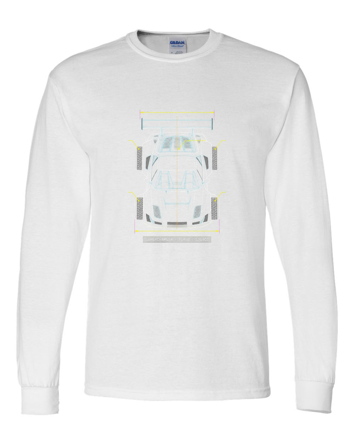 Overhead blueprint line drawing of a Lancia Delta S4 with supercharger and turbo caption white long sleeve front view with the design