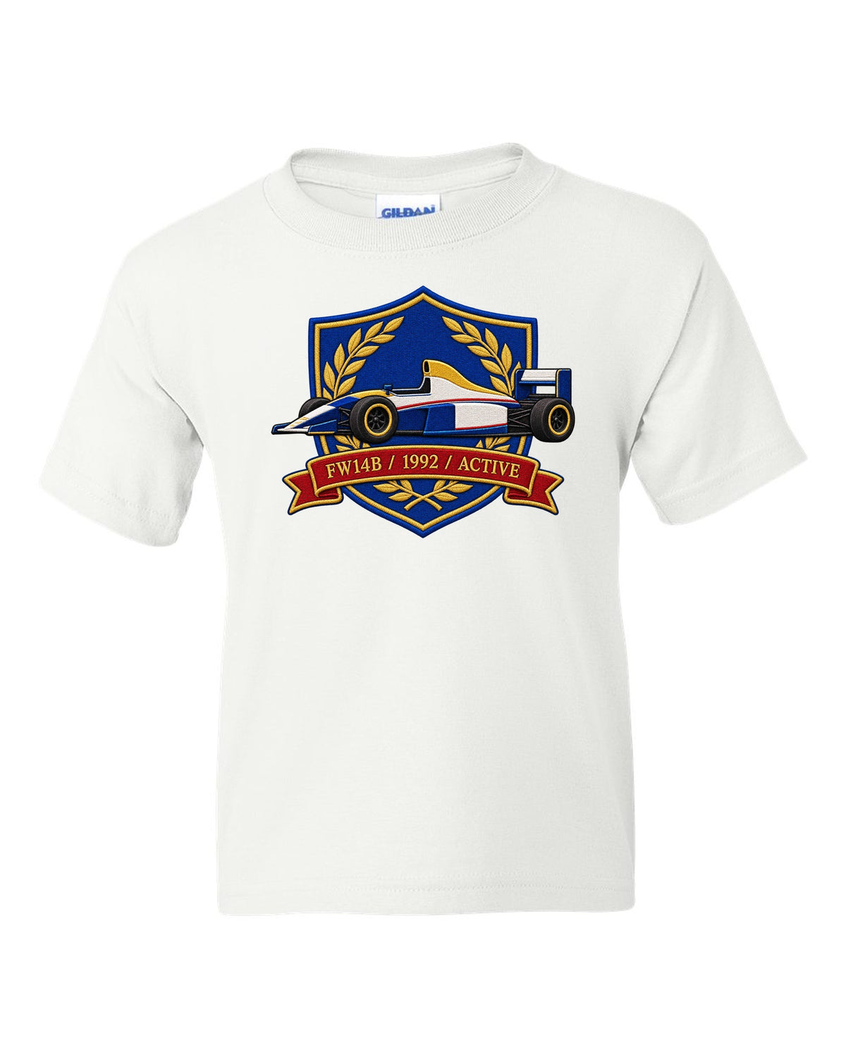 Varsity crest style Williams FW14B Formula 1 car with 1992 ACTIVE lettering white kids tee front view with the design