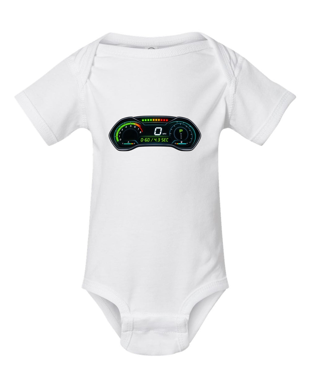 Retro manga halftone panel print of an S550 Mustang fastback doing a line lock burnout white baby onesie front view with the design
