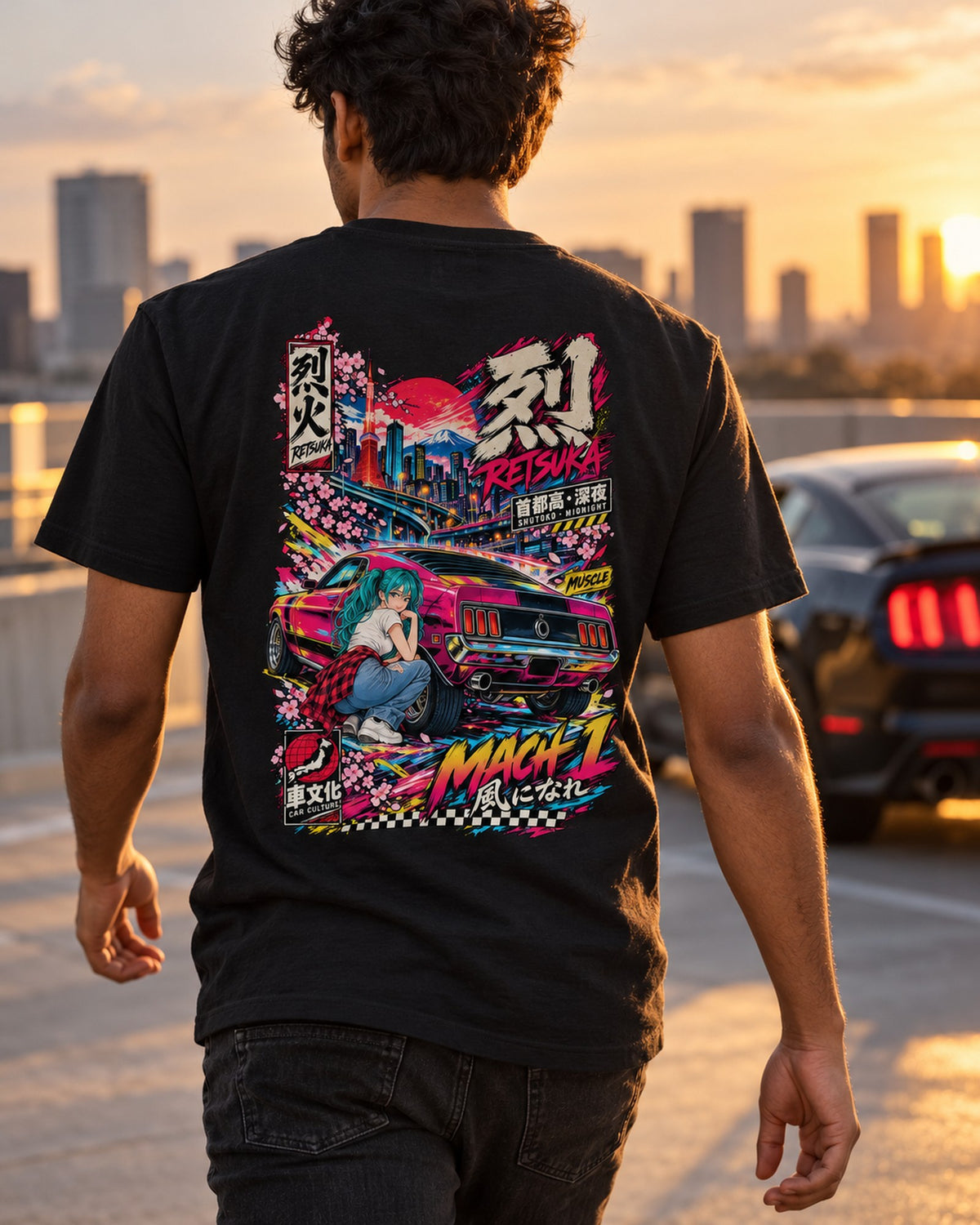 RETSUKA MACH 1 Anime Girl Full-Back Graphic Tee T-Shirt Black worn hero