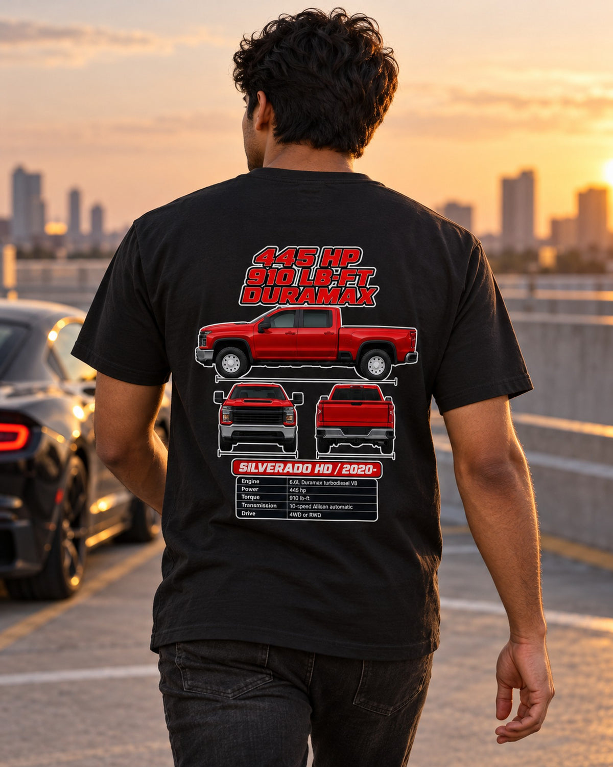 Chevrolet Silverado Hd Spec Sheet Full-Back Graphic Tee T-Shirt Black worn hero