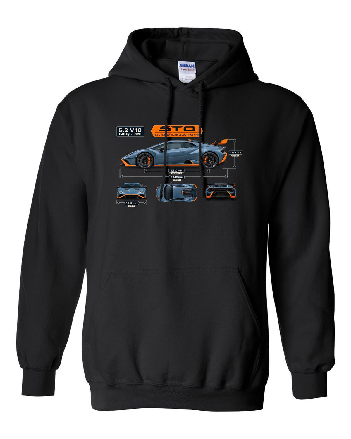 Dimension blueprint print of the Lamborghini Huracan STO black pull over hoodie front view with the design
