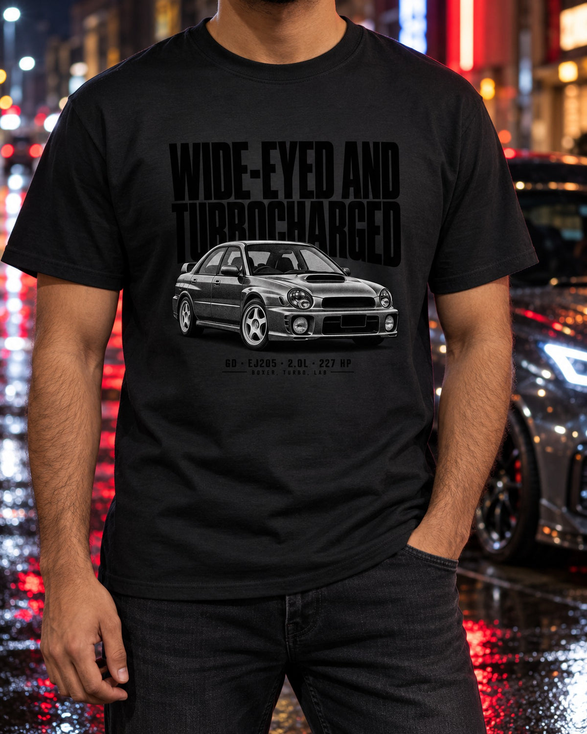 Subaru Impreza WRX GD Bugeye Halftone Tee, EJ205 Wide-Eyed T-Shirt Black worn hero