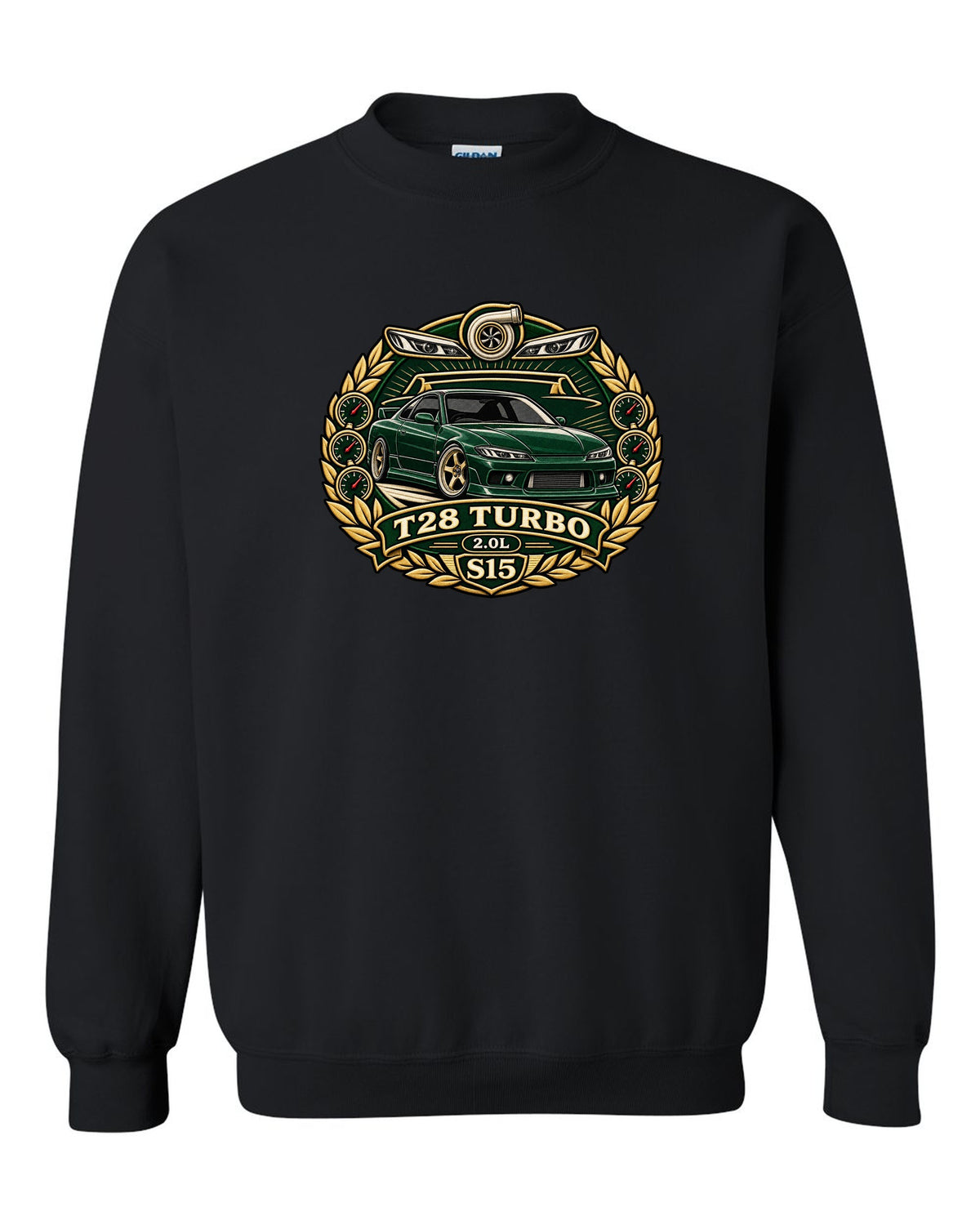 Round crest print for the Nissan Silvia S15 with turbo 2.0L engine lettering black crewneck front view with the design