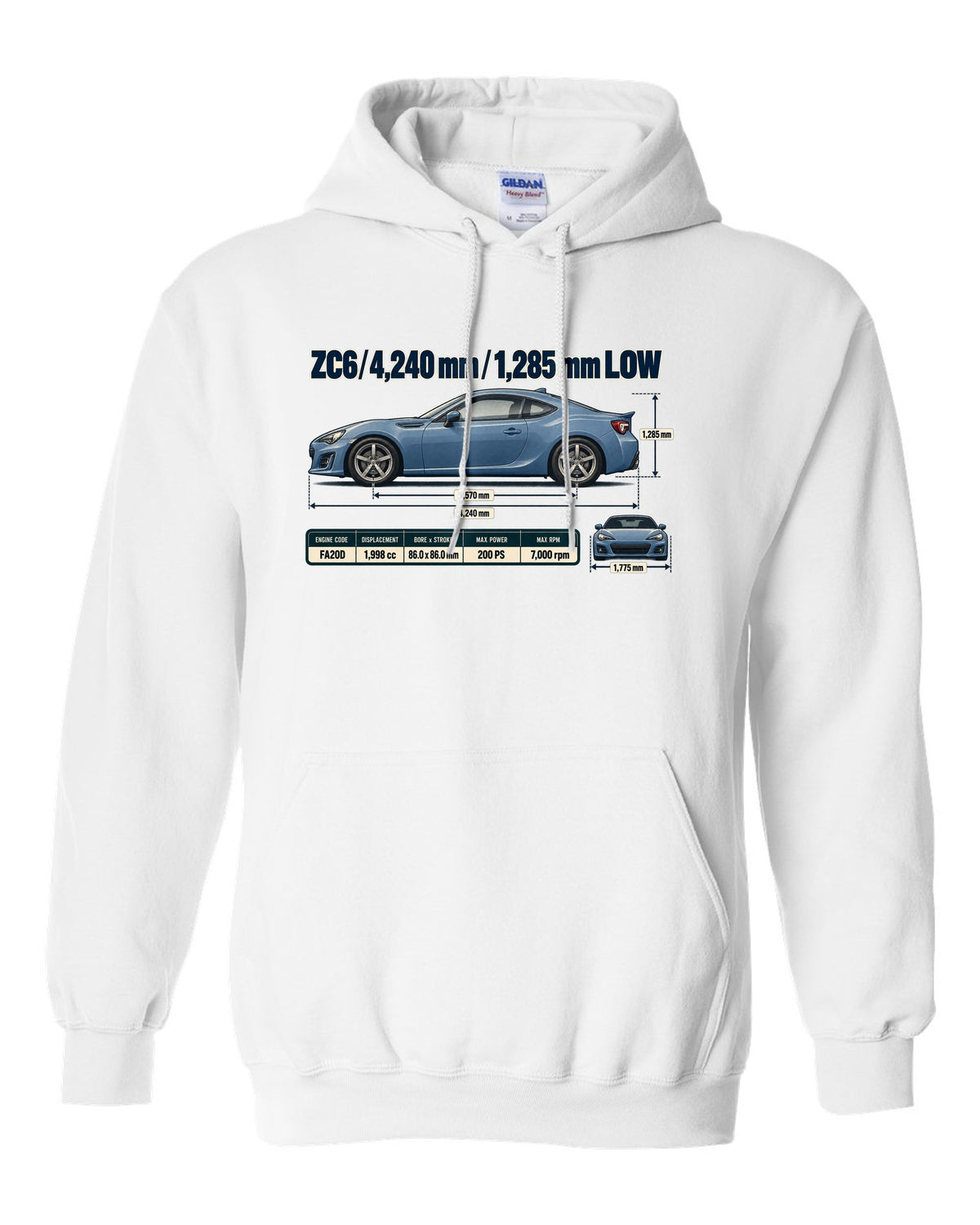 Blueprint-style dimension drawing of a Subaru BRZ ZC6 with length and height callouts white pull over hoodie front view with the design
