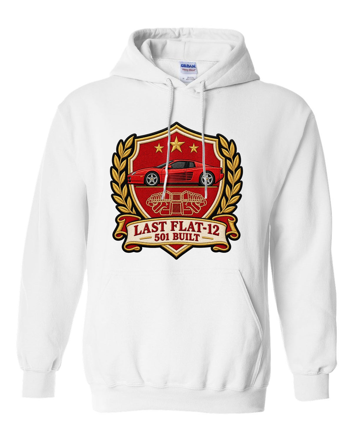 Varsity crest print for the Ferrari F512 M with the text last flat-12, 501 built white pull over hoodie front view with the design