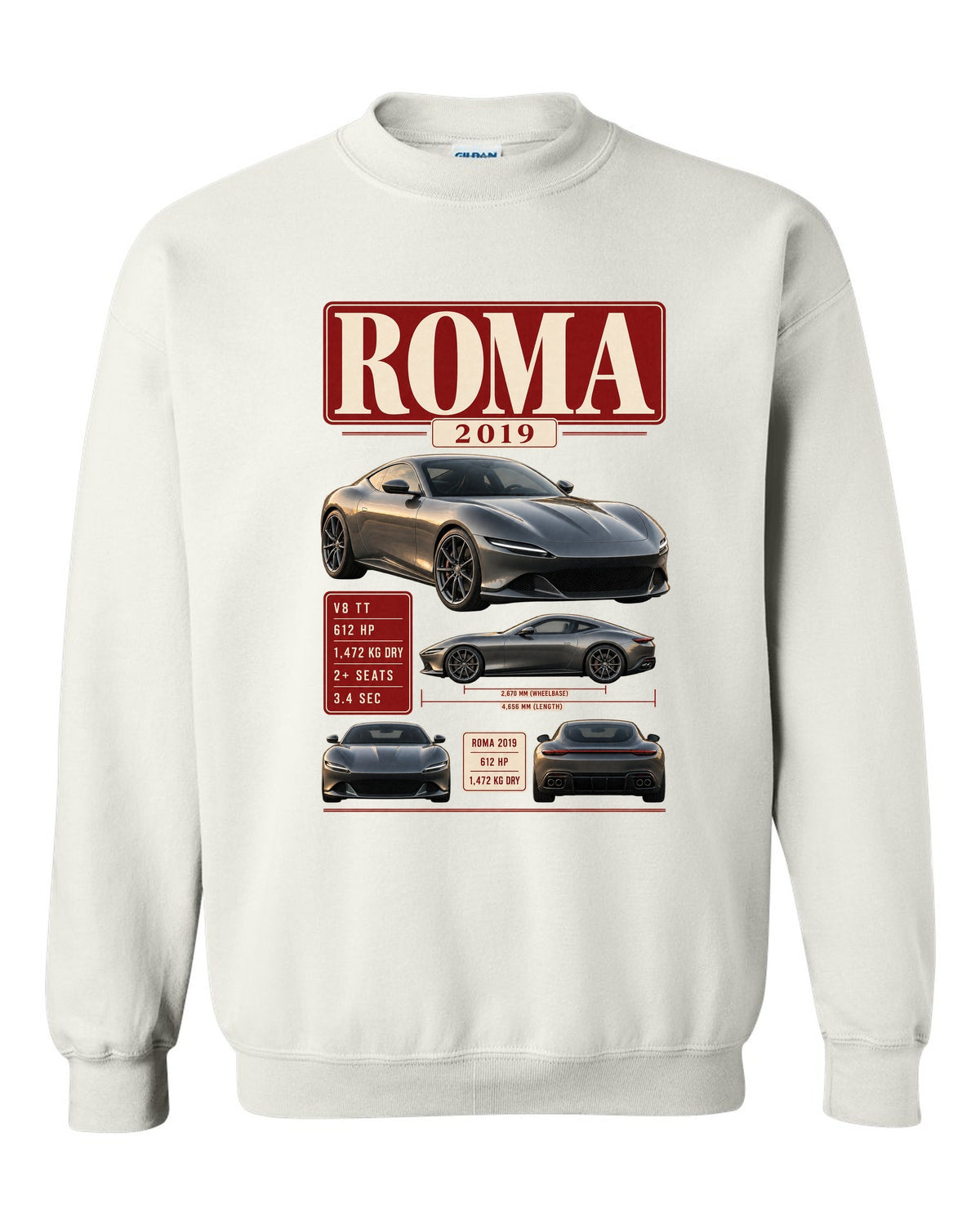 Archive panel print of the Ferrari Roma with 2019 spec text white crewneck front view with the design