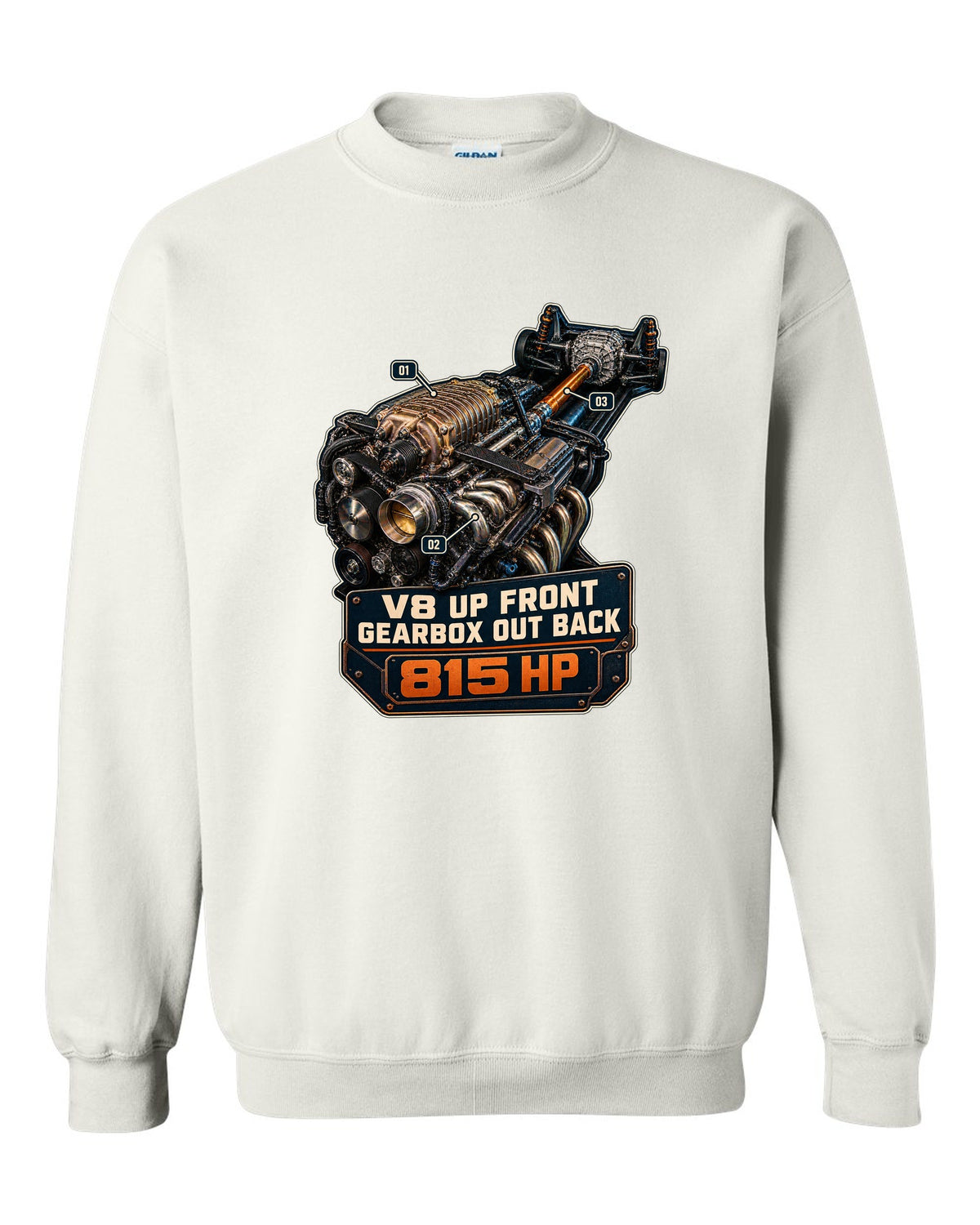 print of a Mustang GTD supercharged V8 engine with V8 up front gearbox out back text white crewneck front view with the design