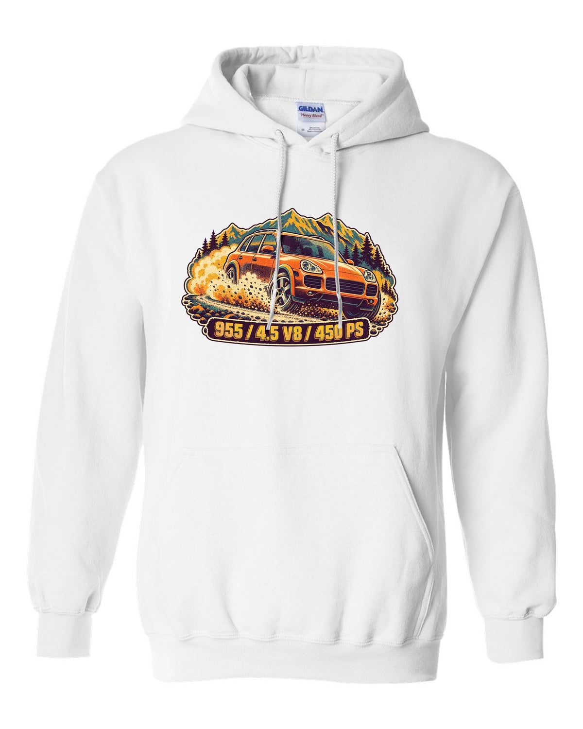 Retro manga halftone print of a Porsche Boxster Spyder 981 taillight with the text 981, 3.8 and 375 PS white pull over hoodie front view with the design
