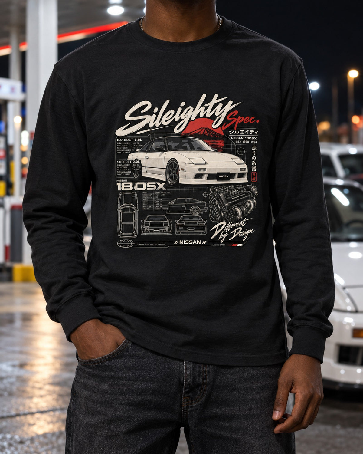 Nissan 180SX Sileighty CA18DET SR20DET Spec Plate Shirt Long Sleeve Black worn hero
