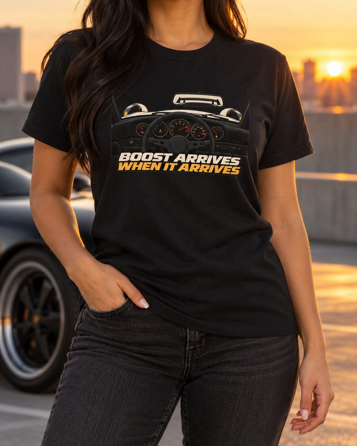 Porsche 911 Turbo 964 Gauge Cockpit Tee, Boost Lag Joke T-Shirt Black worn hero