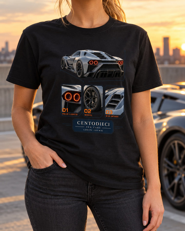 Bugatti Centodieci Dossier Panels Shirt, Ten-Car Edition Tee T-Shirt Black worn hero