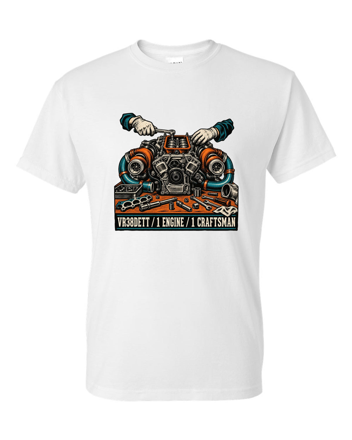Linocut block-print back design of a Nissan GT-R R35 with VR38DETT engine text white t-shirt front view with the design