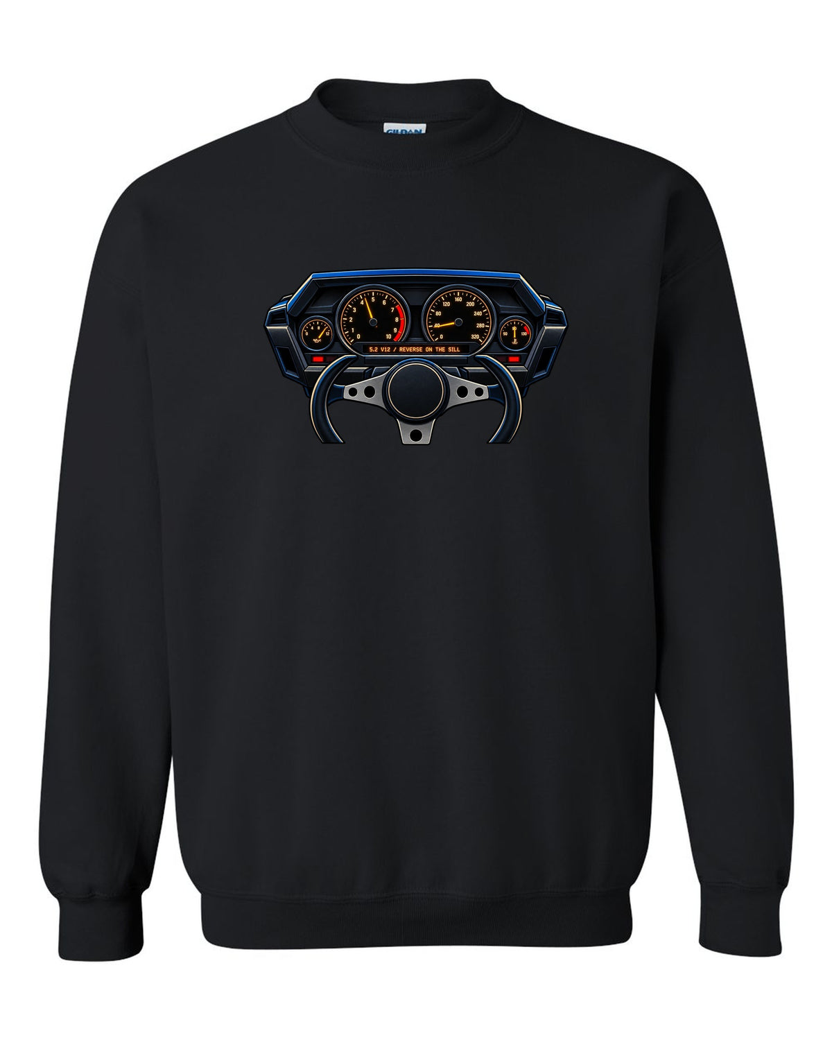 Gauge cluster graphic for a Lamborghini Countach LP5000 QV with 5.2 V12 lettering black crewneck front view with the design