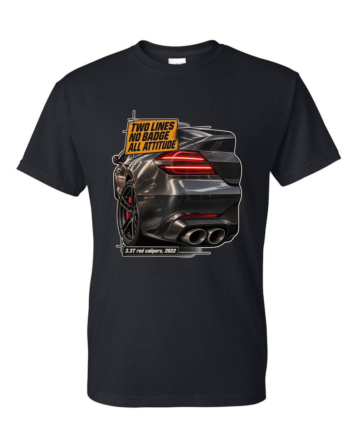 Taillight macro print of the Genesis G70 3.3T rear with two light lines black t-shirt front view with the design
