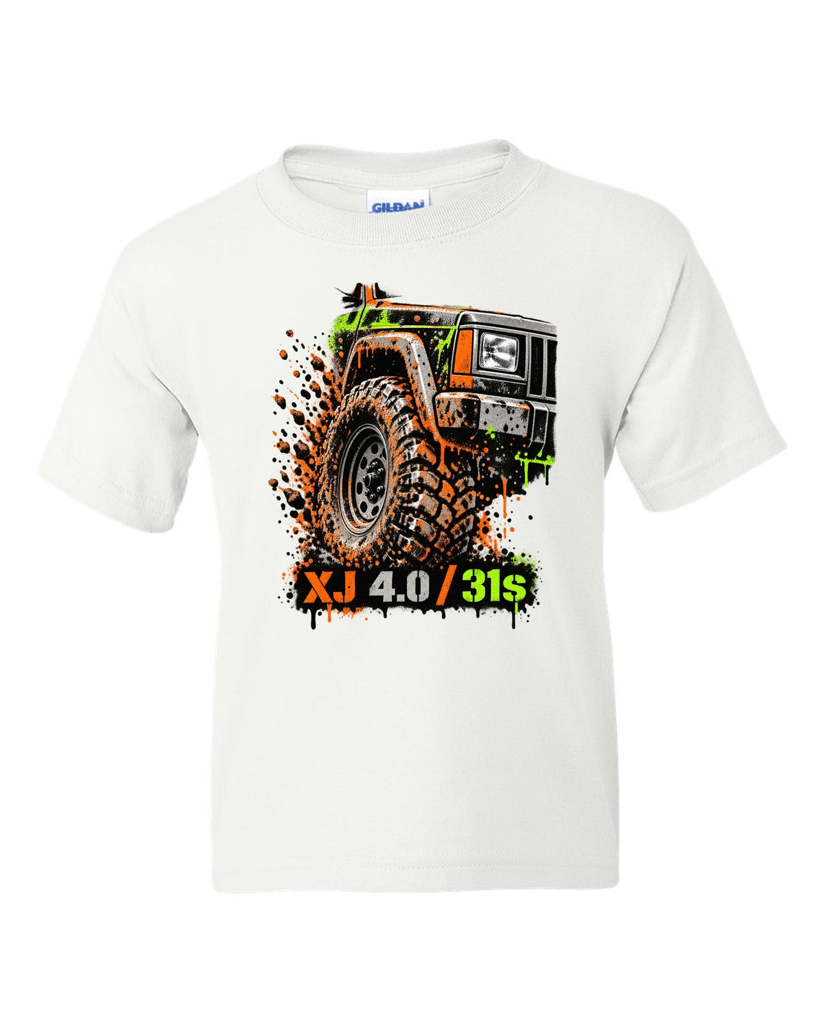 Stencil spray street art print of a muddy Jeep Cherokee XJ wheel with XJ 4.0 31s text white kids tee front view with the design