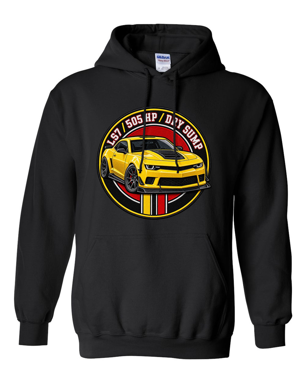 2014 Camaro Z/28 in a varsity crest design with text LS7 505 HP Dry Sump black pull over hoodie front view with the design