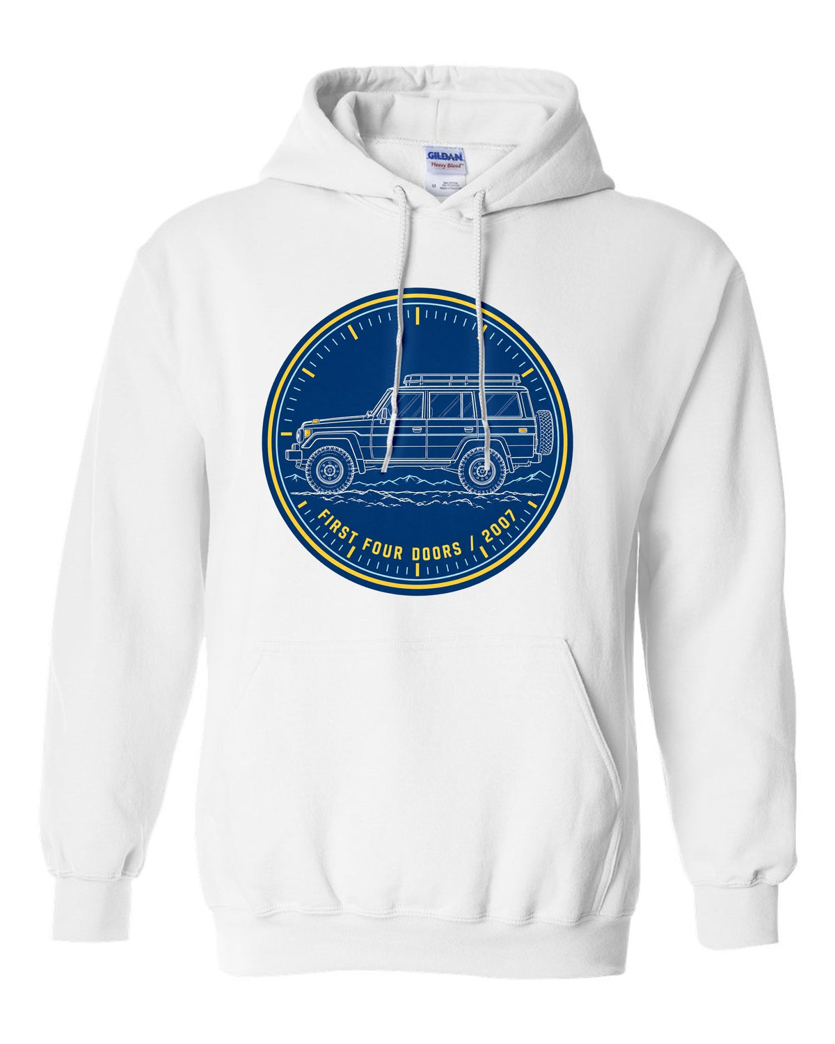 Jeep Wrangler JKU cyanotype blueprint design reading first four doors 2007 white pull over hoodie front view with the design