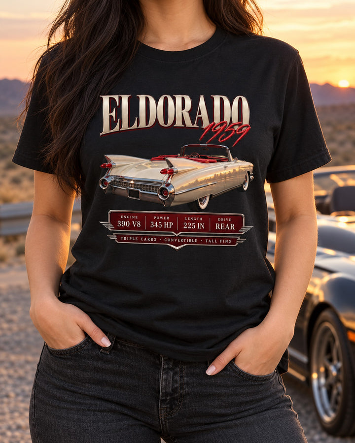 Cadillac Eldorado Biarritz 1959 Archive Shirt, 390 V8 Print T-Shirt Black worn hero
