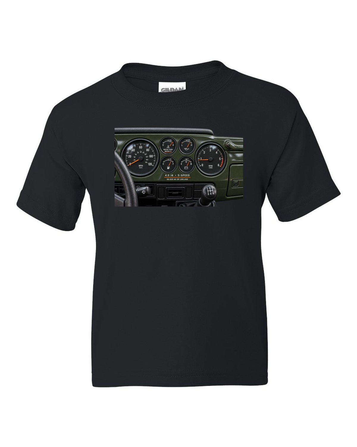 Gauge cluster print for the Jeep Wrangler TJ 4.0 I6, 1997-2006 black kids tee front view with the design