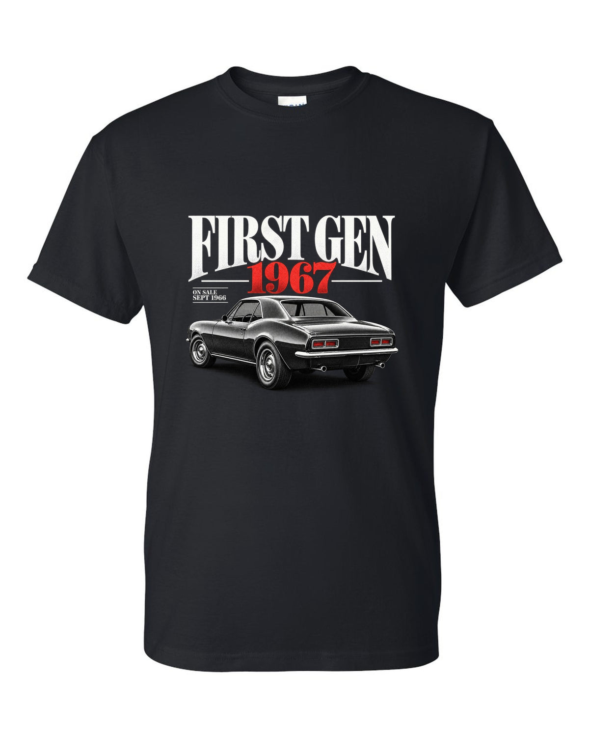 Editorial headline print of a 1967 first-gen Chevrolet Camaro with September 1966 on-sale date black t-shirt front view with the design
