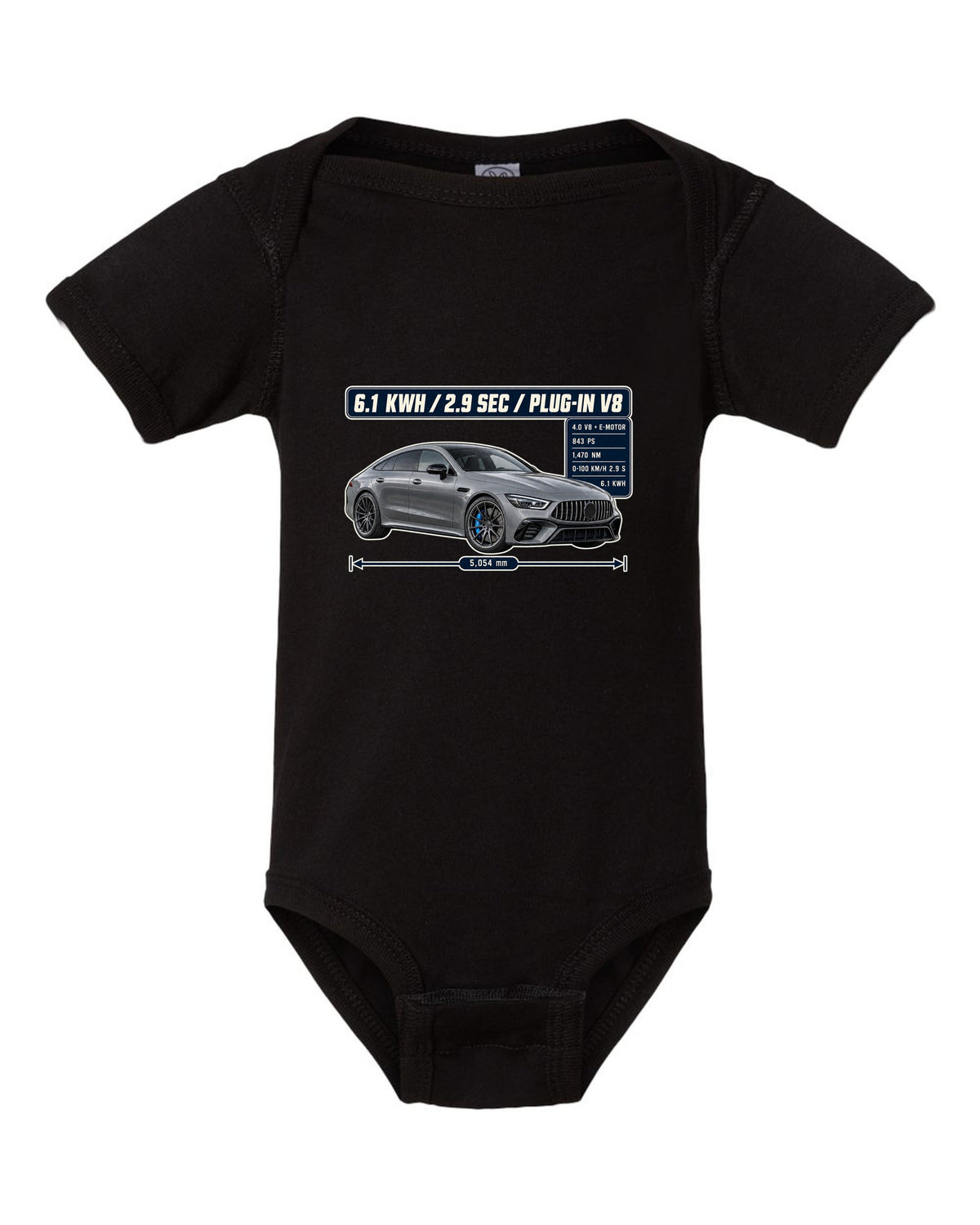 Mercedes-AMG GT 63 S E Performance spec poster design with electric-blue accent black baby onesie front view with the design
