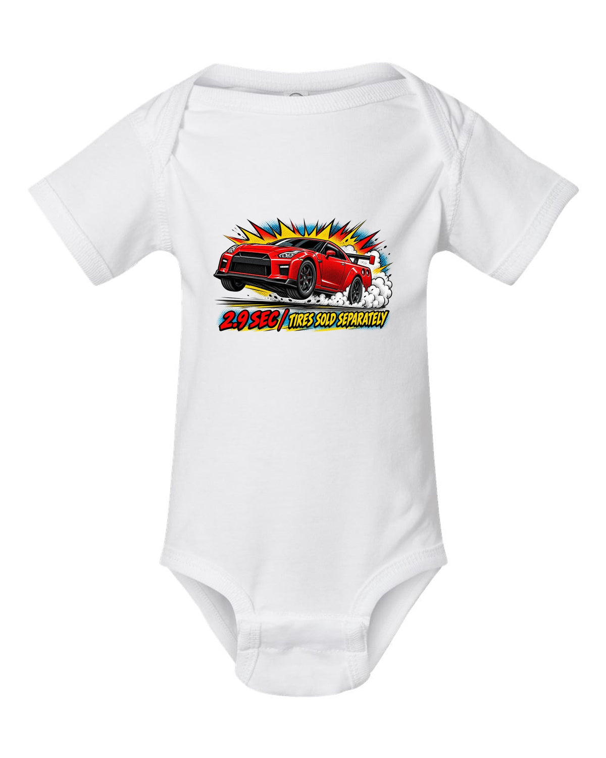 Comic halftone pop-art print of a Nissan GT-R R35 launching with 2.9 sec text white baby onesie front view with the design