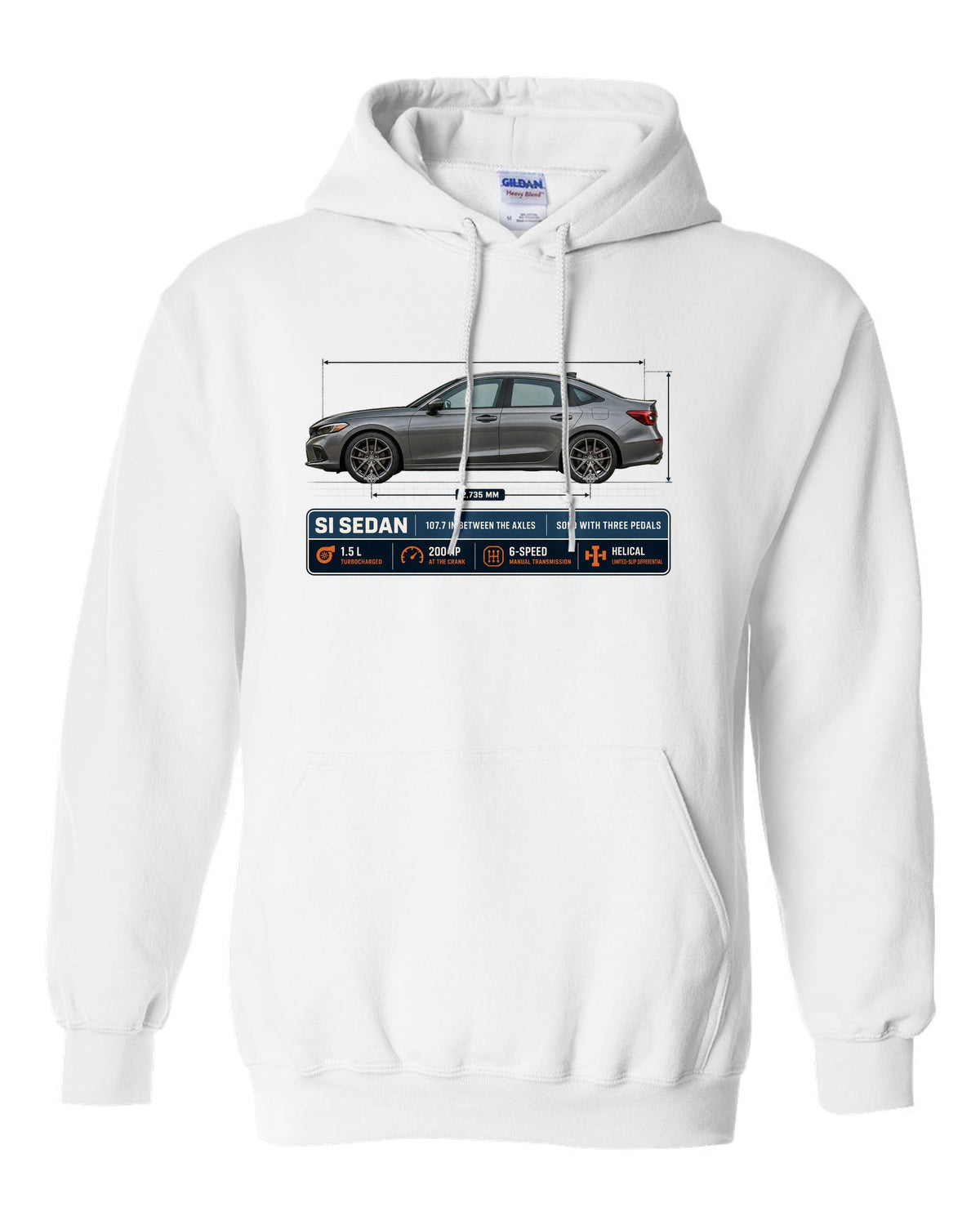 Civic Si FE1 Sedan Dimension Blueprint white pull over hoodie front view with the design