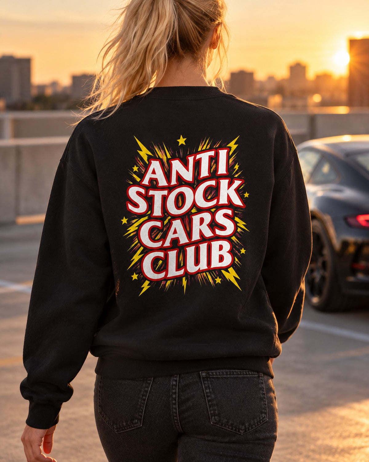 Anti Stock Cars Club Anime Title Card Shirt, Hoodie & More Crewneck Black worn hero