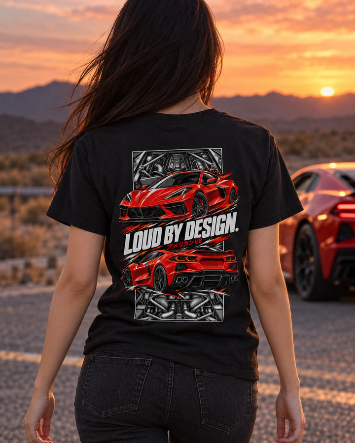Corvette C8 Torn Poster Full-Back Graphic Tee T-Shirt Black worn hero