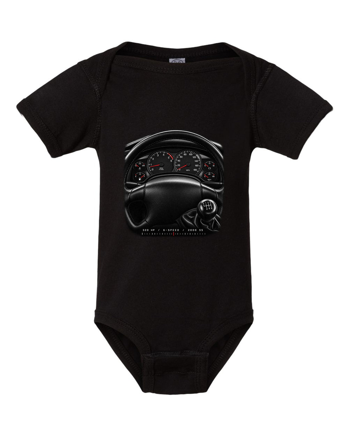 Gauge cluster print of a 2000 fourth-gen Chevrolet Camaro SS with 320 hp and 6-speed text black baby onesie front view with the design