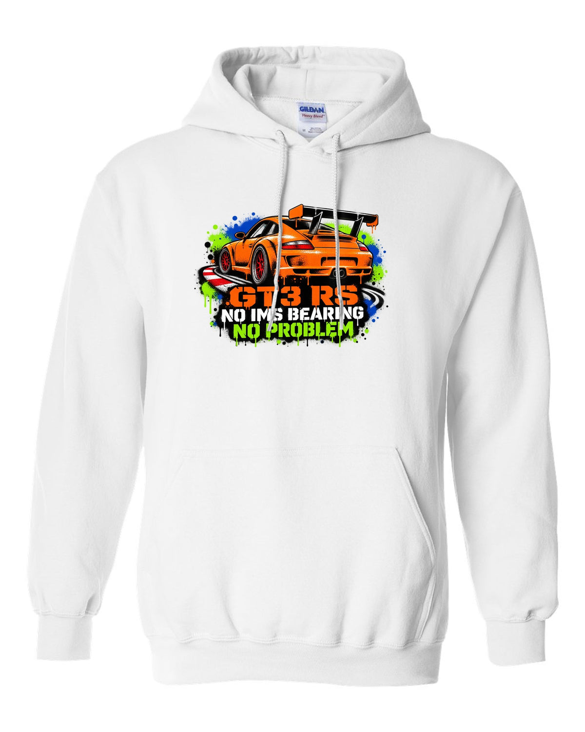 Porsche 996 GT3 RS graffiti stencil spray paint design with IMS joke white pull over hoodie front view with the design