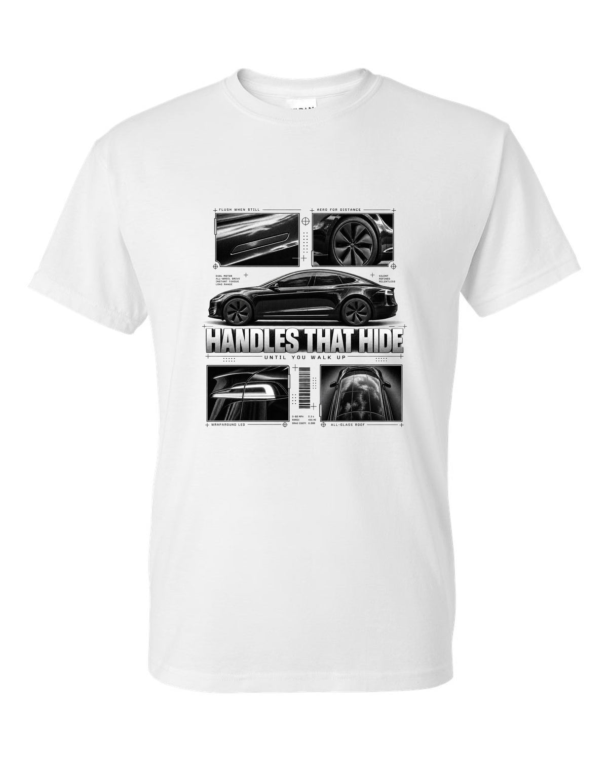 Tesla Model S Raven Side Profile Dossier white t-shirt front view with the design