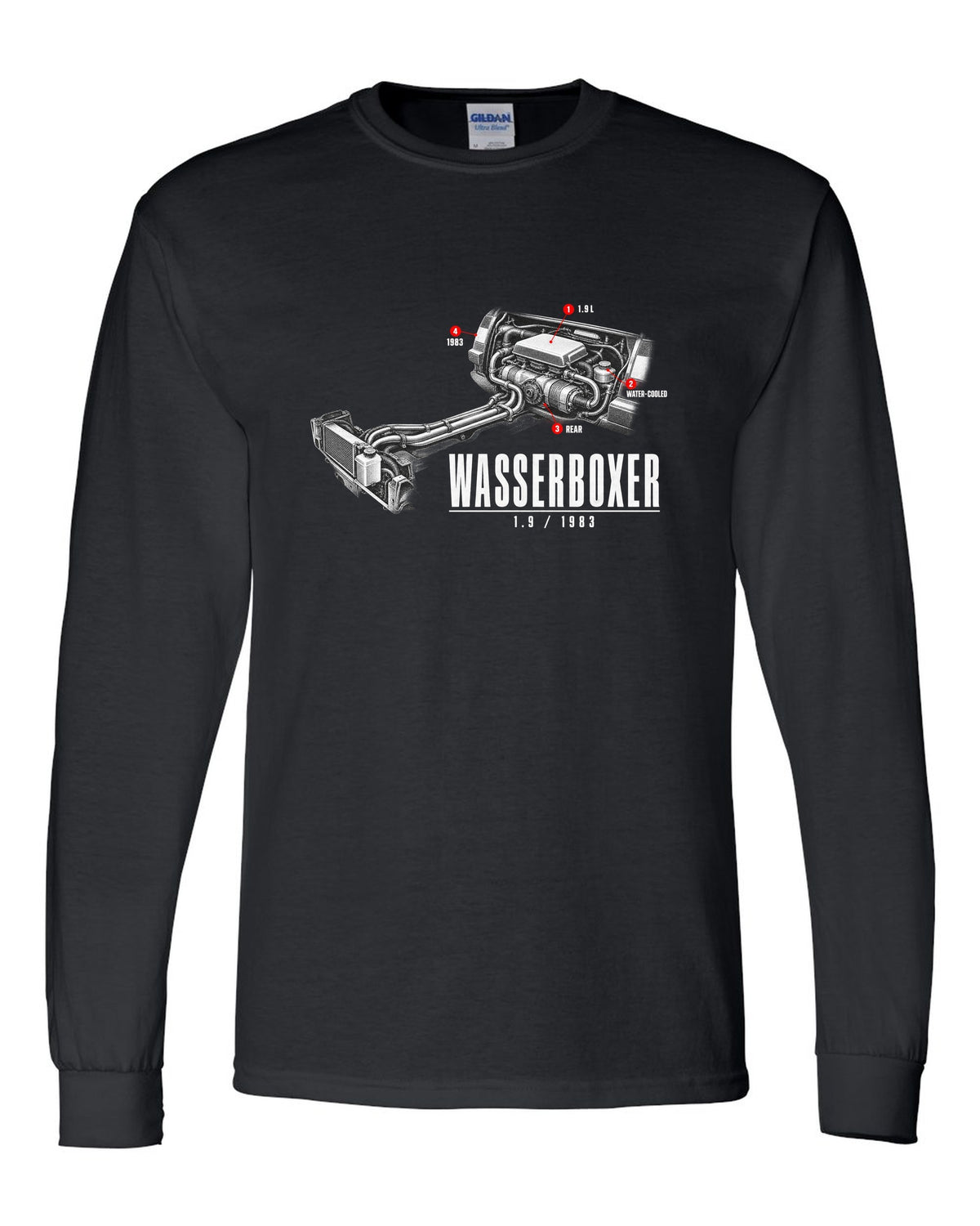 Engine hero print of the VW T3 Wasserboxer 1.9 water-cooled boxer engine with 1983 text black long sleeve front view with the design
