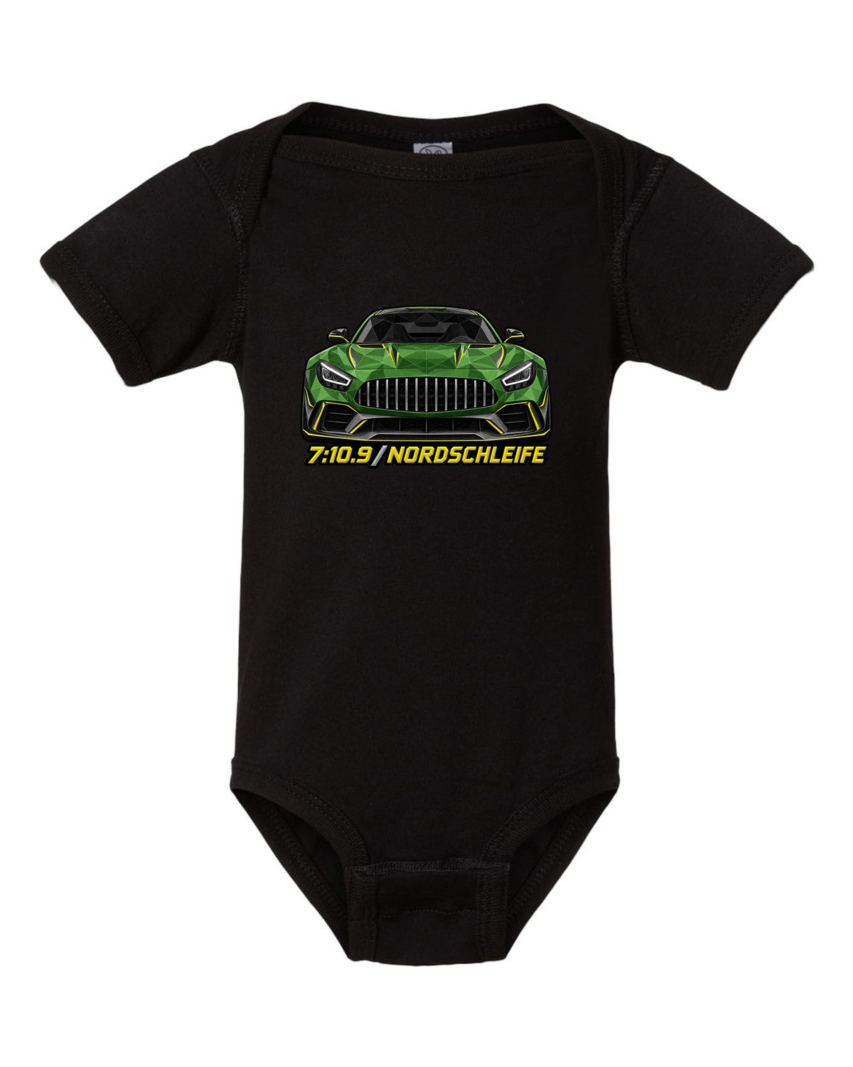 Low-poly wireframe illustration of a Mercedes AMG GT R C190 with 7:10.9 Nordschleife text black baby onesie front view with the design