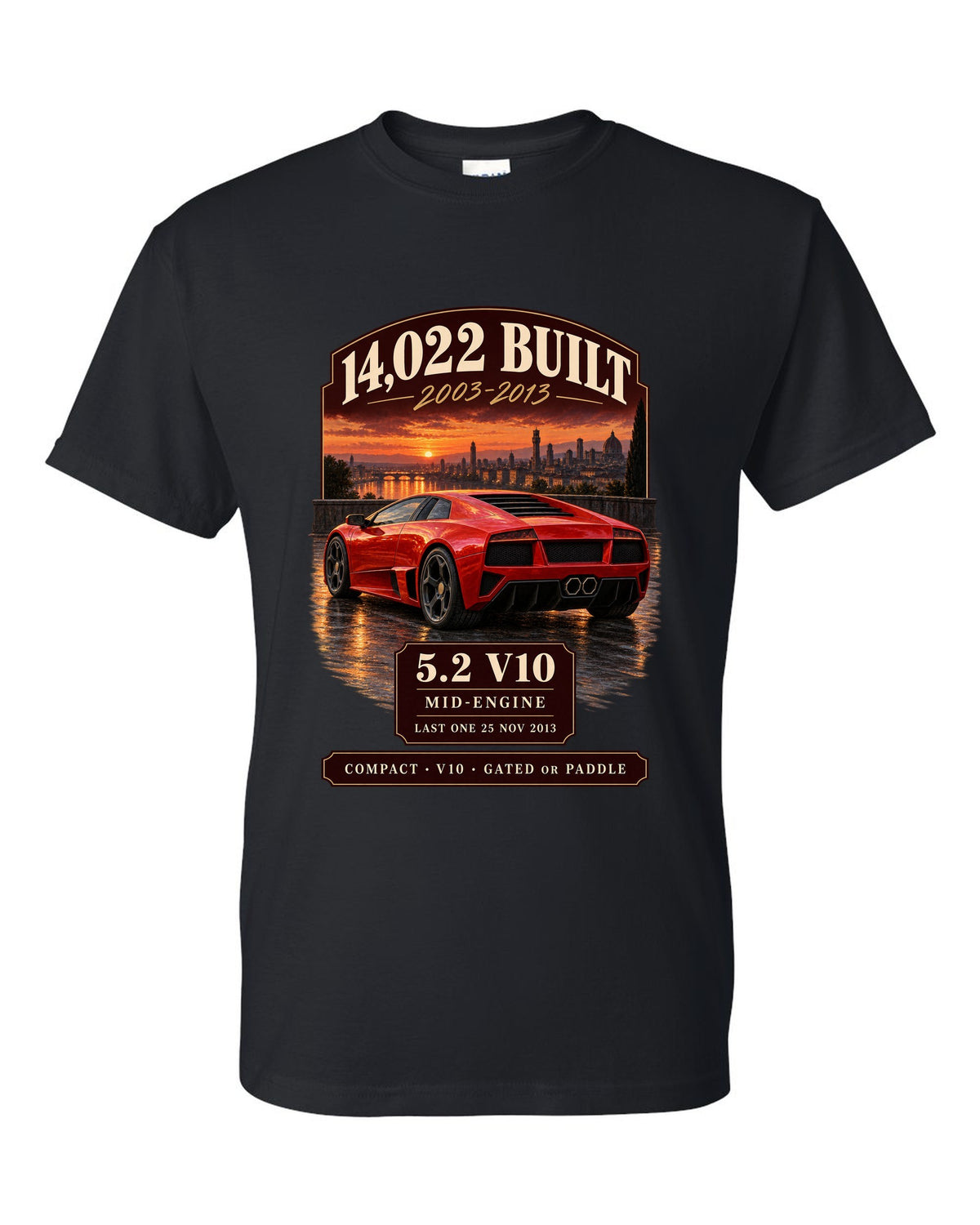 Archive panel print of a Lamborghini Gallardo LP570-4 with 14,022 built and 5.2 V10 text black t-shirt front view with the design