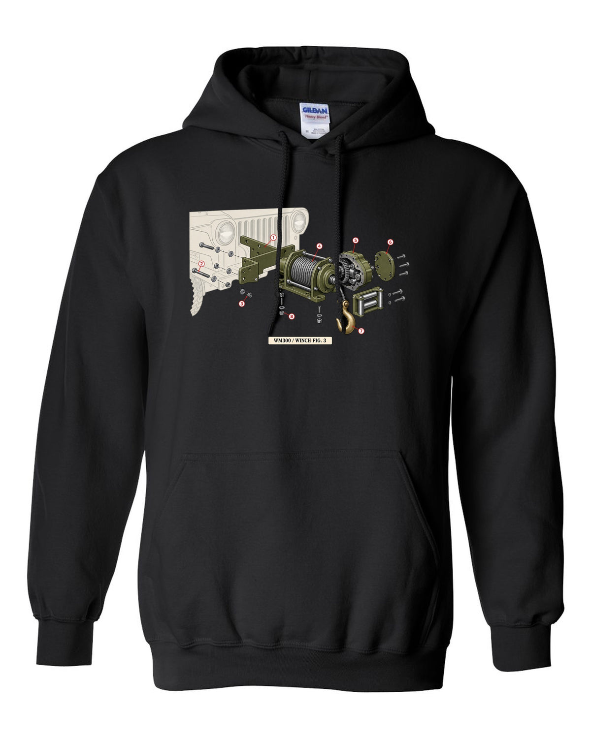 Exploded diagram print of a Dodge Power Wagon WM300 front winch labelled Fig. 3 black pull over hoodie front view with the design