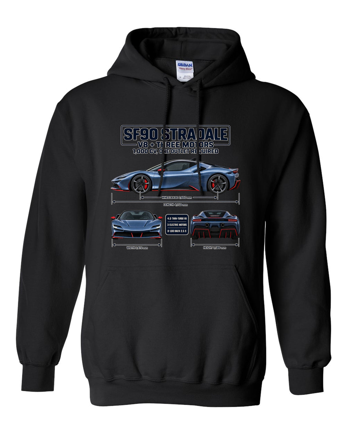 Ferrari SF90 Stradale three-view spec sheet print with V8 plus three motors, 1,000 CV black pull over hoodie front view with the design