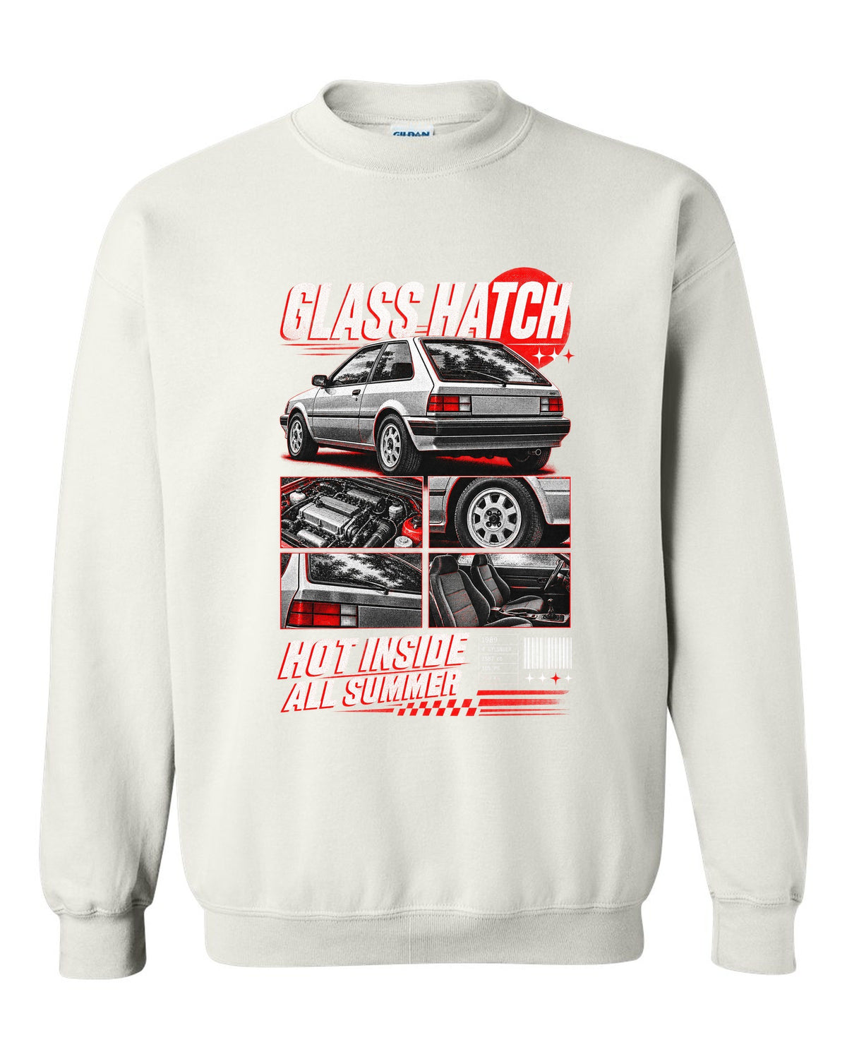 Dossier panel print for the 1989 Honda CRX EF8 Si about its glass ch being hot all summer white crewneck front view with the design