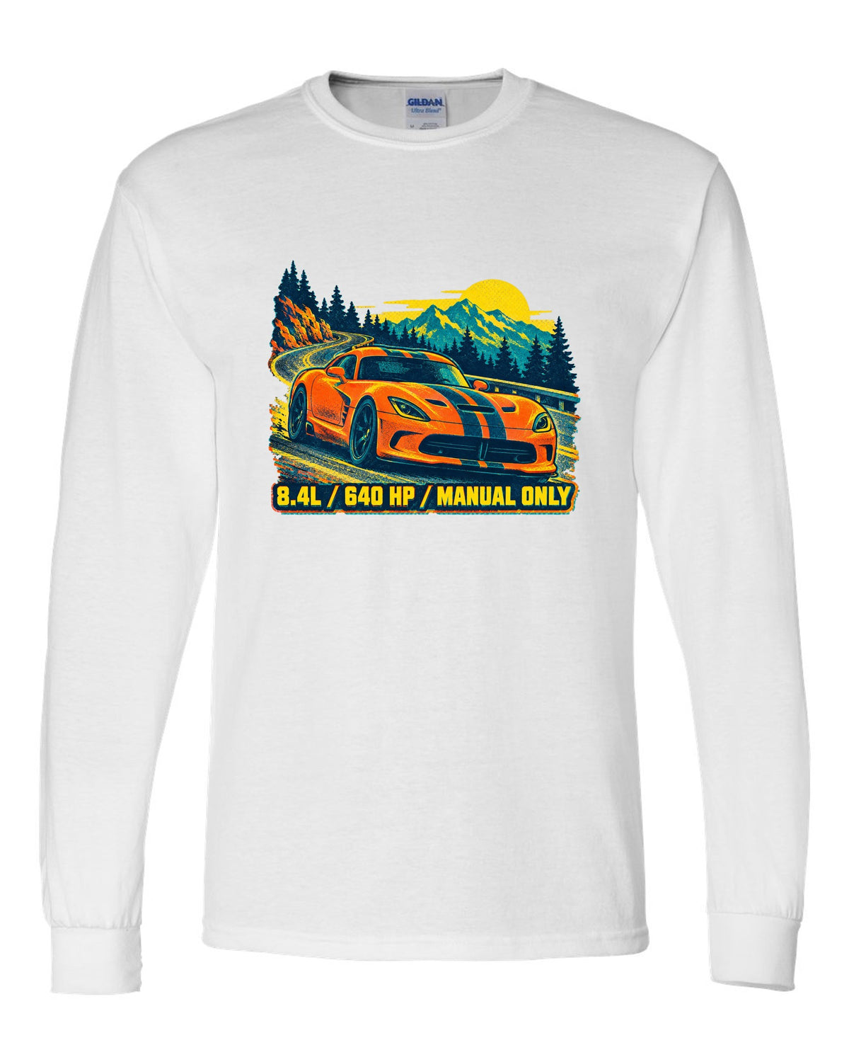 Risograph spot-colour print of a 2013 Dodge Viper VX I with 8.4L text white long sleeve front view with the design