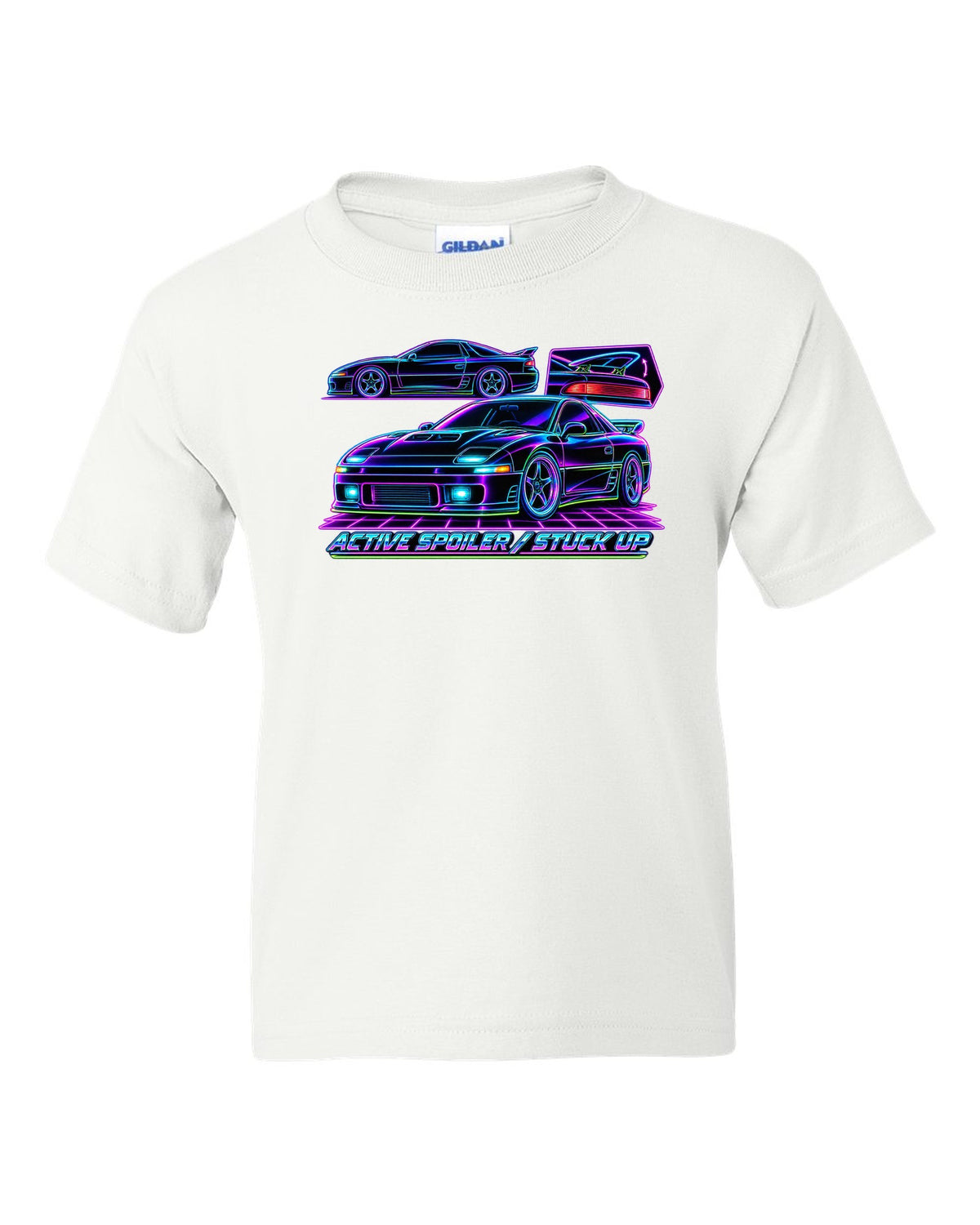 Neon wireframe outline print of the Mitsubishi 3000GT VR-4 with active spoiler stuck up text white kids tee front view with the design