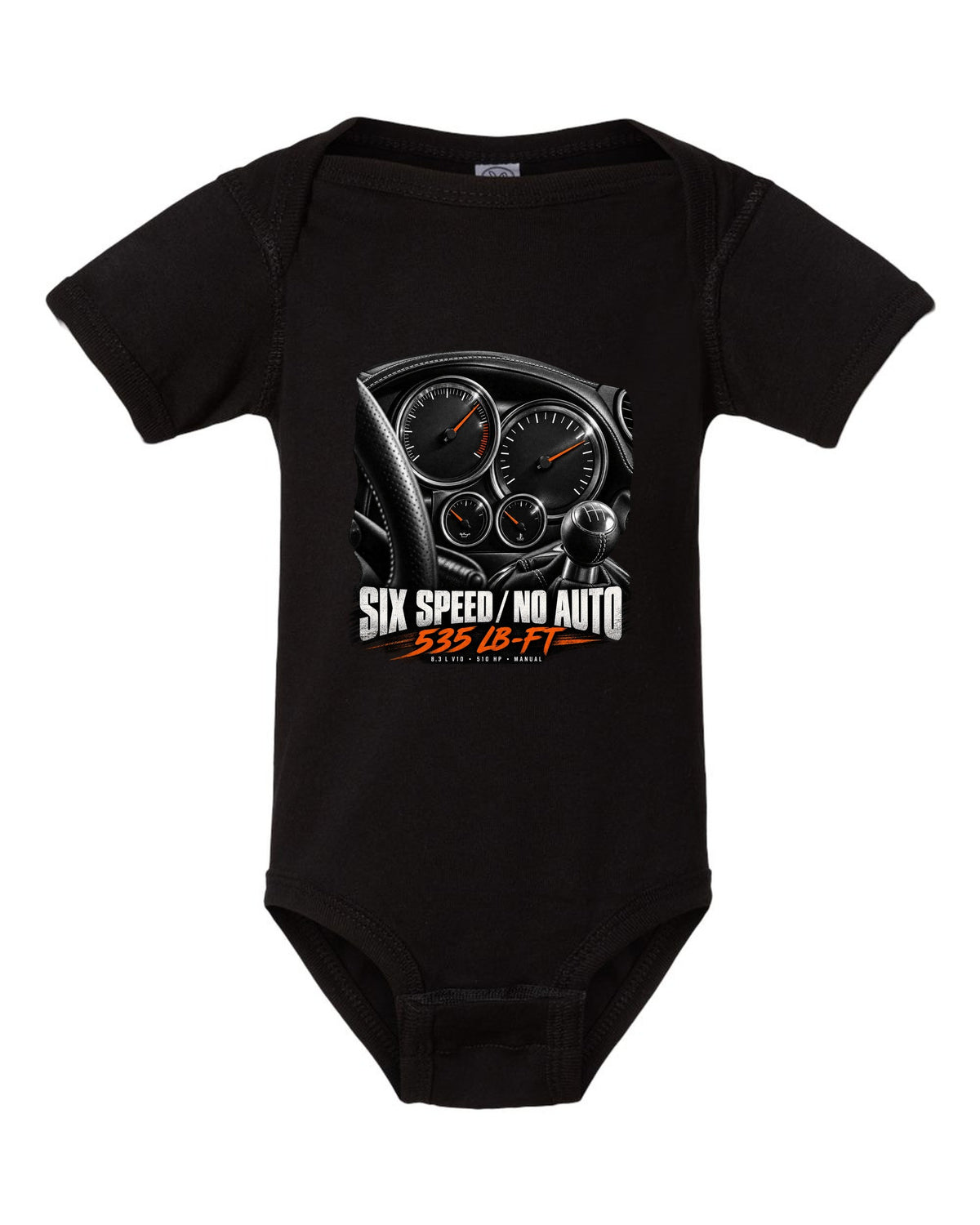 2006 Dodge Viper SRT-10 ZB I instrument gauge cluster print with six speed lettering black baby onesie front view with the design