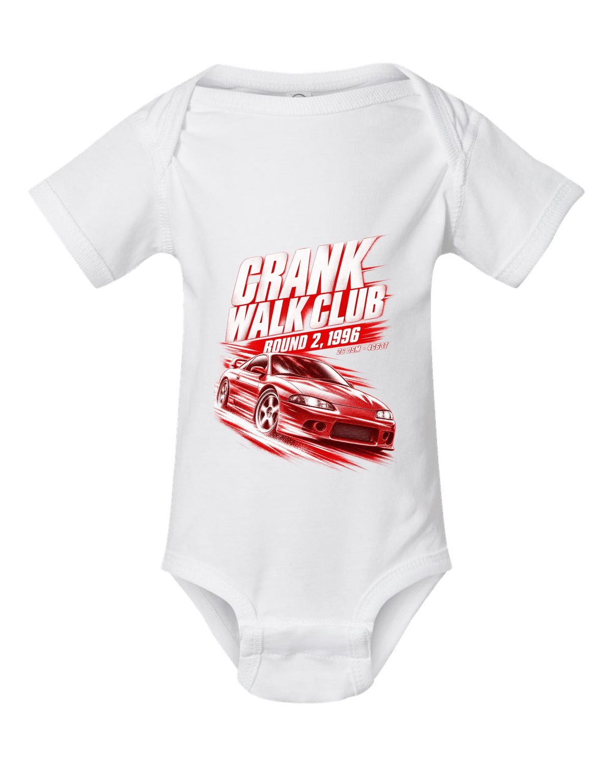 Mitsubishi Eclipse GSX 2G DSM race poster print with 4G63T and Crank Walk Club text white baby onesie front view with the design