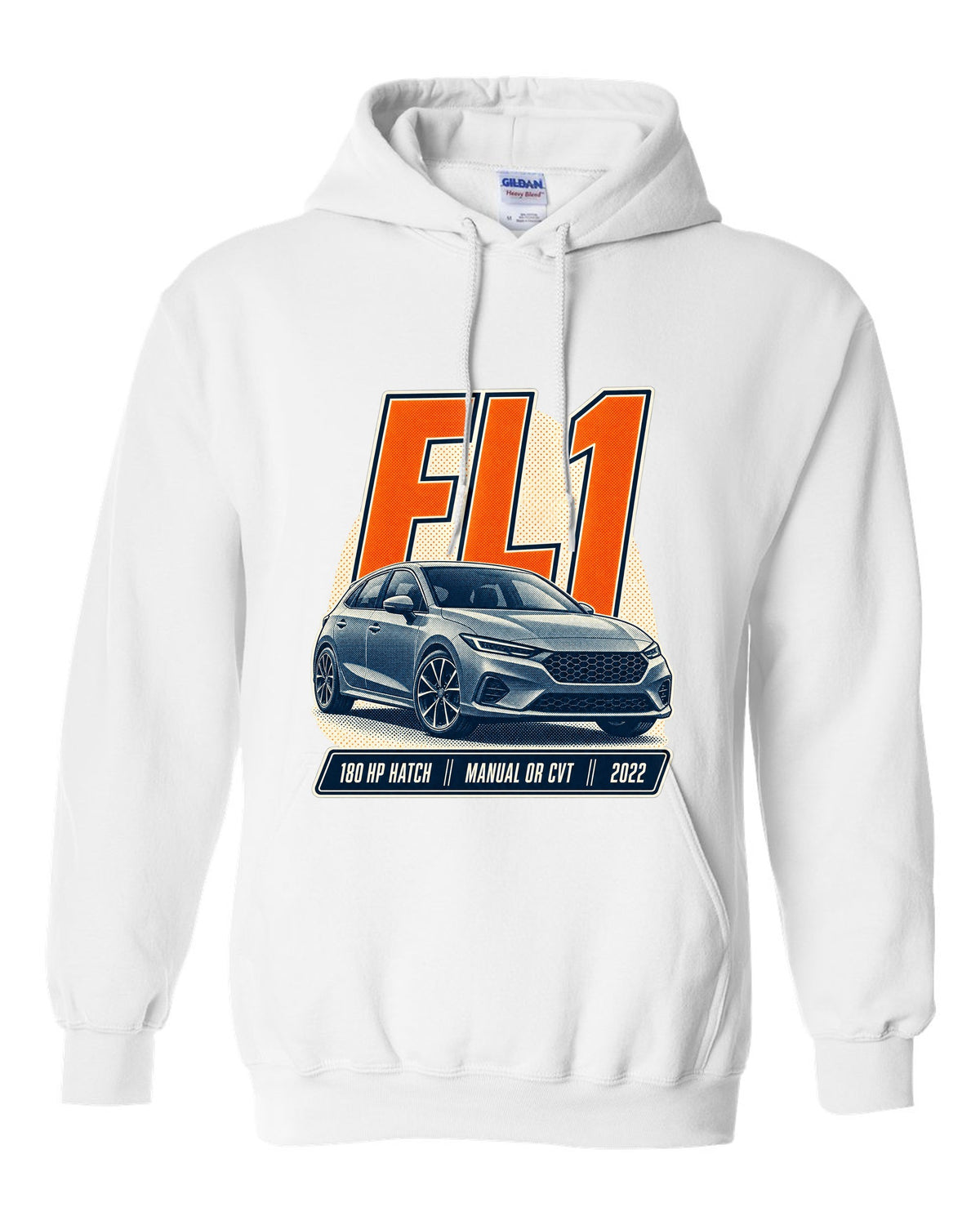 Honda Civic chback FL1 halftone front three-quarter print white pull over hoodie front view with the design