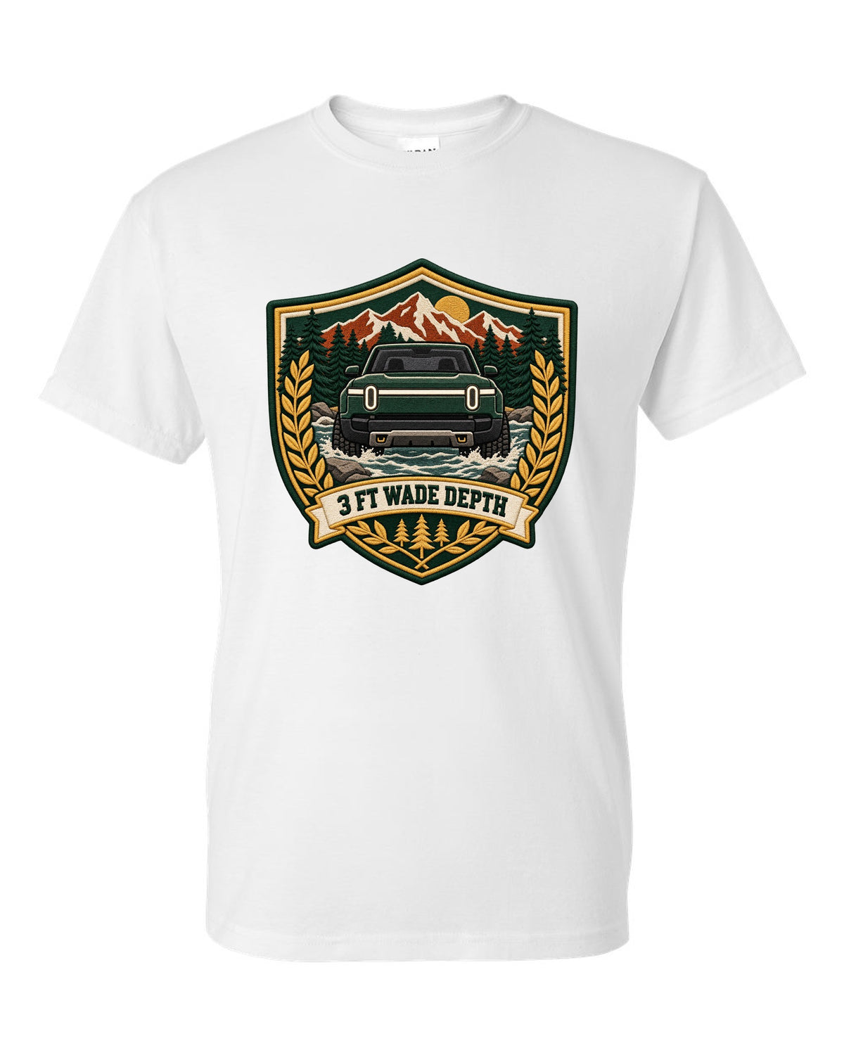 Rivian R1T varsity shield crest print with the text 3 ft wade depth white t-shirt front view with the design